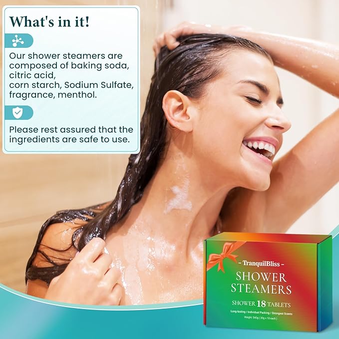 TranquilBliss 18 Pack Shower Steamers with 6 Smoothing Long-Lasting Scents, Shower Bath Bombs with Natural Fragrance, Self-Care and Relaxation Presents for Women and Men