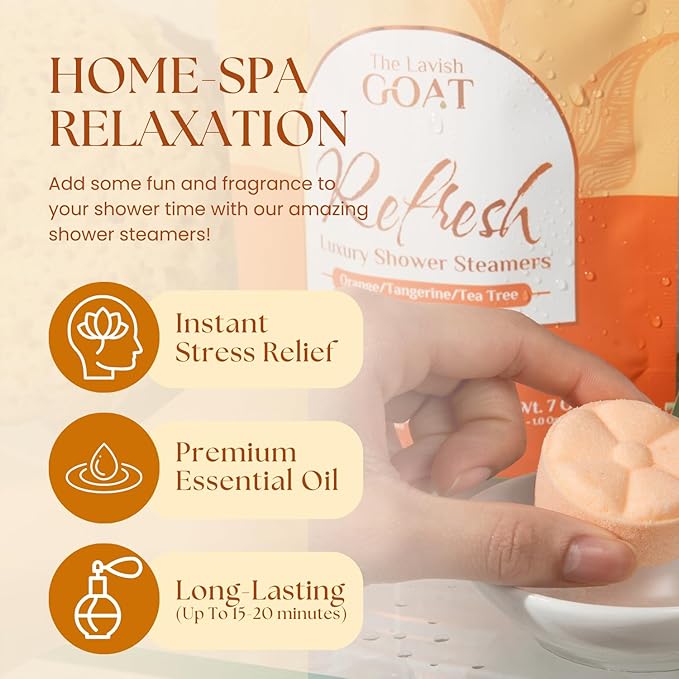 TLG Refresh Shower Steamers Aromatherapy 7 Pack – USA Made with Extra Menthol and Orange & Tea Tree Essential Oils – Shower Bomb for Relaxation, Citrus Shower Tablets – Gift for Men & Women