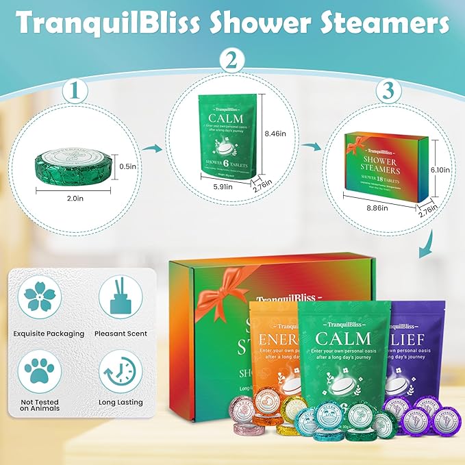 TranquilBliss 18 Pack Shower Steamers with 6 Smoothing Long-Lasting Scents, Shower Bath Bombs with Natural Fragrance, Self-Care and Relaxation Presents for Women and Men